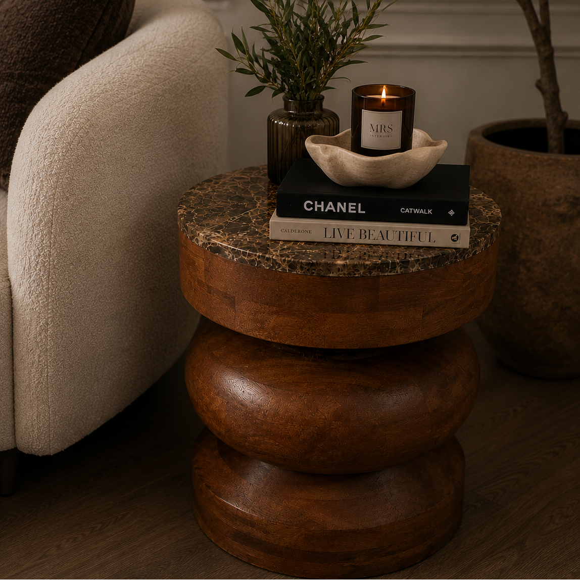 Round Brown Marble and Mango Wood Carved Tiered Side Table