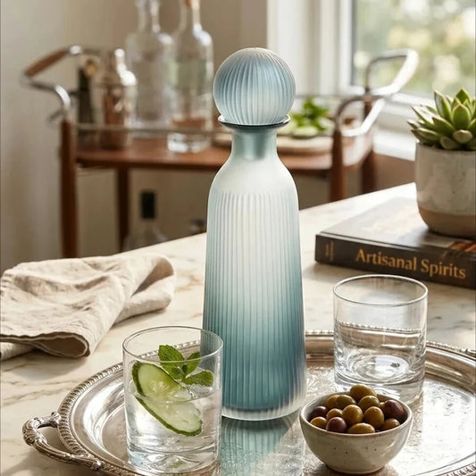 Blue Ribbed Glass Bottle Vase