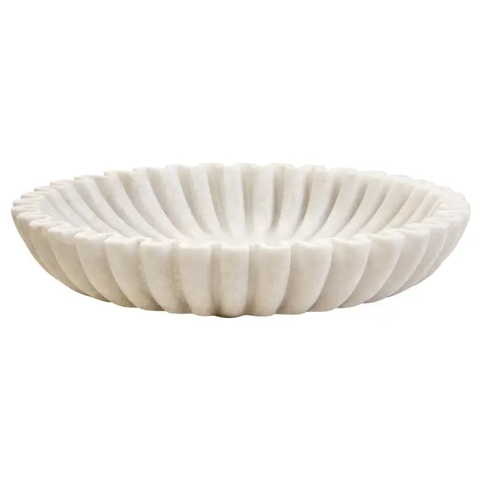 Large Round White Fluted Marble Bowl
