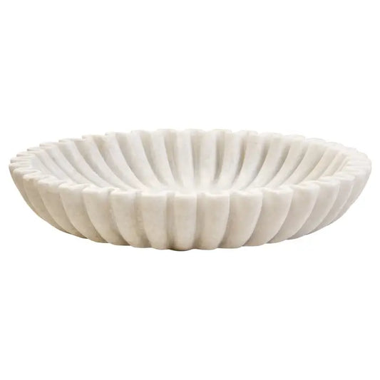 Large Round White Fluted Marble Bowl