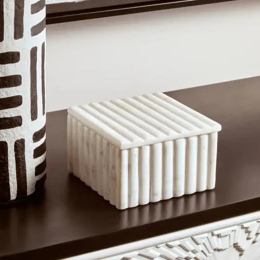 Square White Marble Fluted Box
