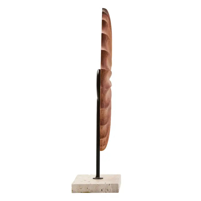 Natural Wood Round Sculpture With Travertine Marble Base