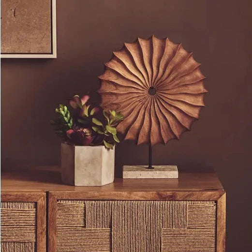 Natural Wood Round Sculpture With Travertine Marble Base