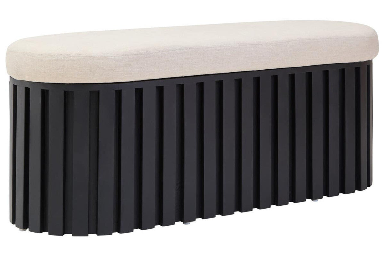 Black Mango Wood and Cream Linen Bench