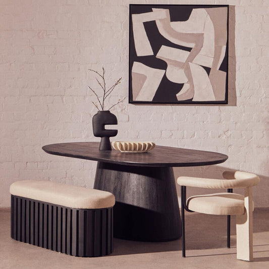Black Mango Wood and Cream Linen Bench
