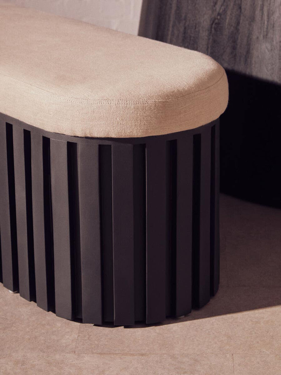 Black Mango Wood and Cream Linen Bench