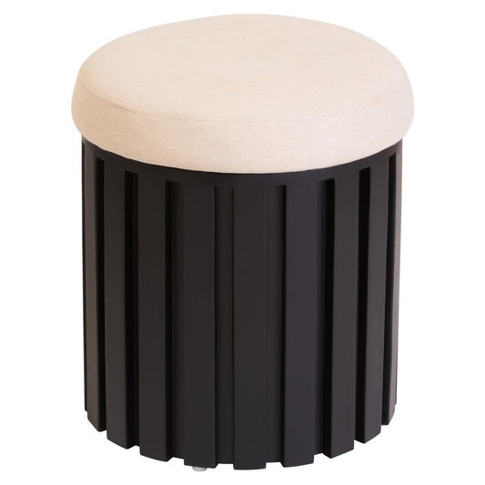 Black Mango Wood and Cream Linen Stool
