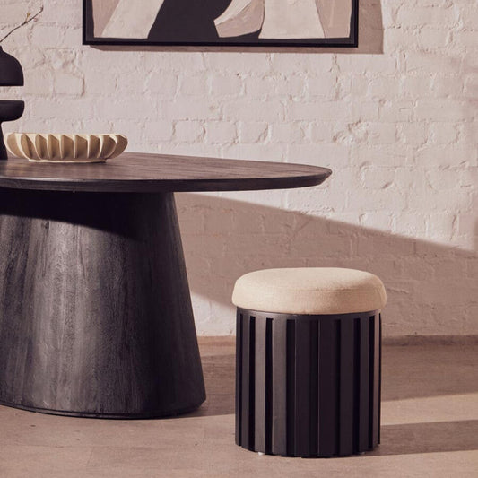 Black Mango Wood and Cream Linen Stool