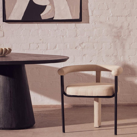 Cream Texture Linen Dining Chair with Black Metal Frame