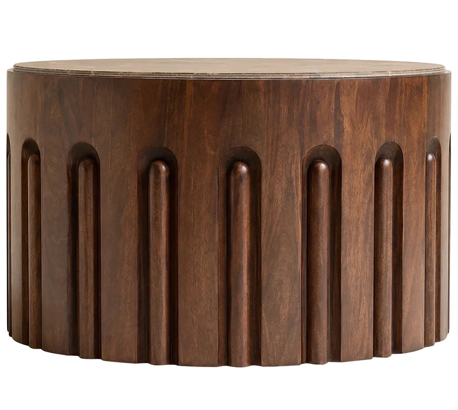 Round Brown Marble and Dark Mango Wood Carved Coffee Table