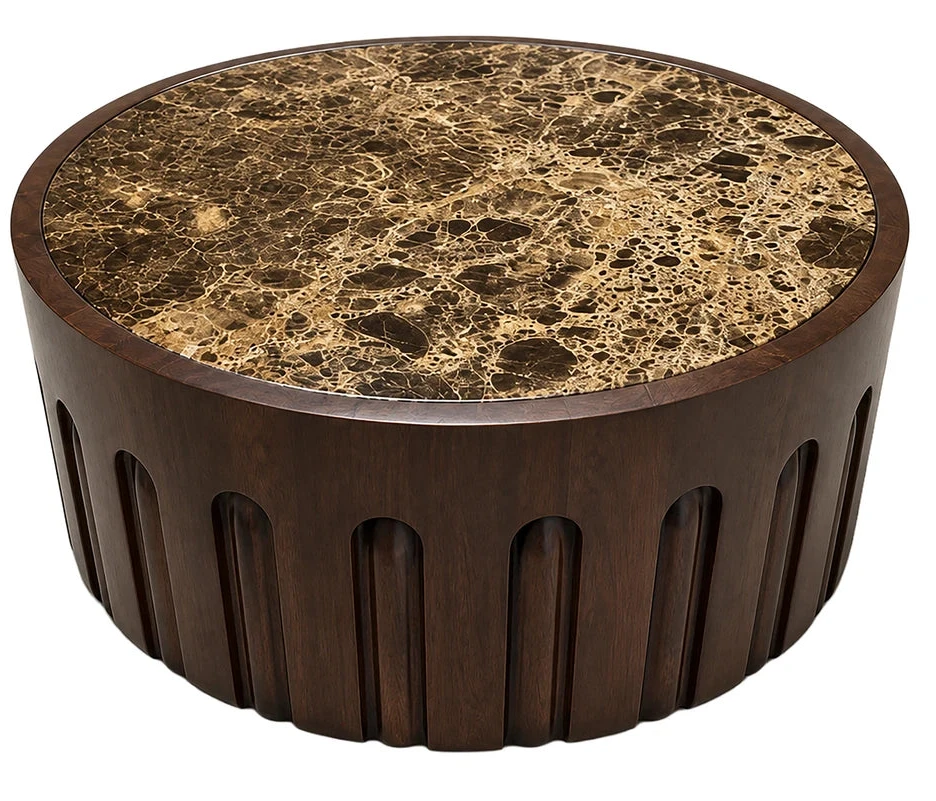Round Brown Marble and Dark Mango Wood Carved Coffee Table