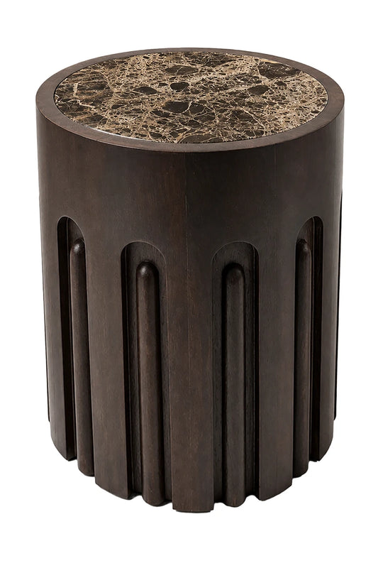 Round Brown Marble and Dark Mango Wood Carved Side Table