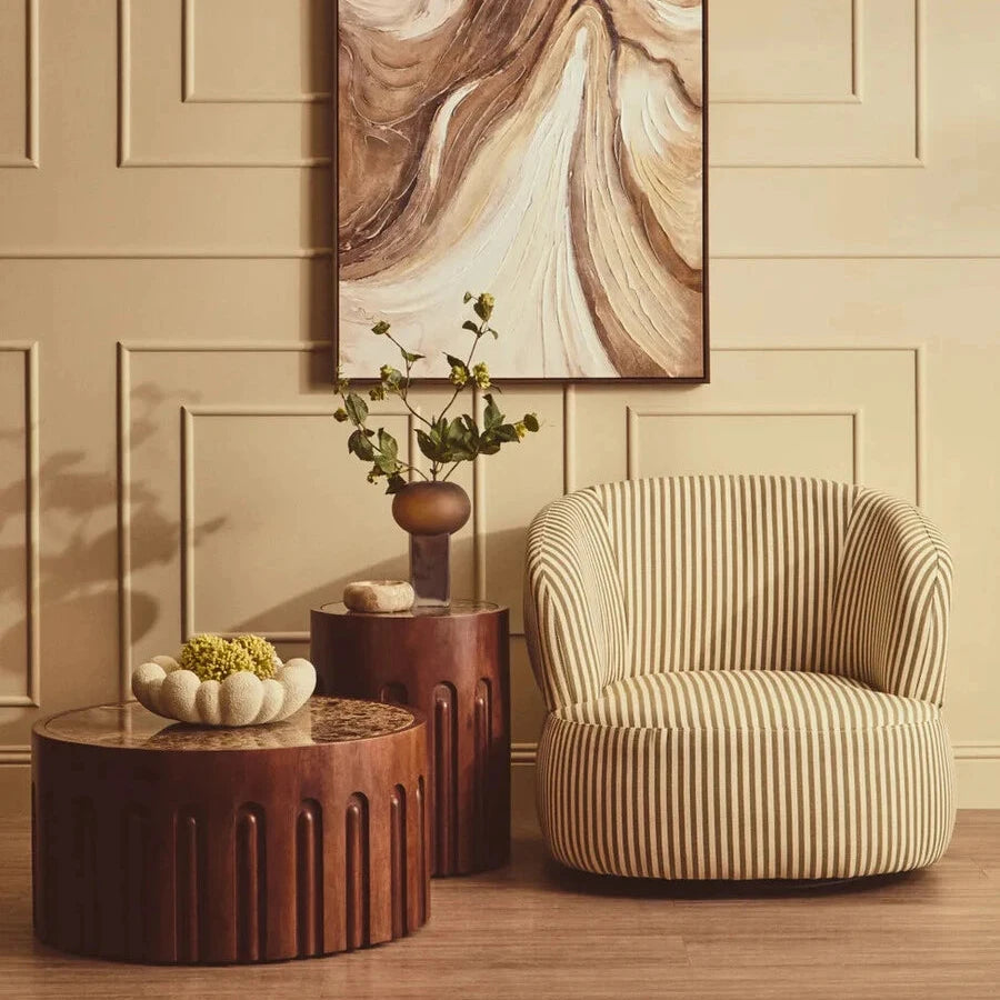 Round Brown Marble and Dark Mango Wood Carved Side Table