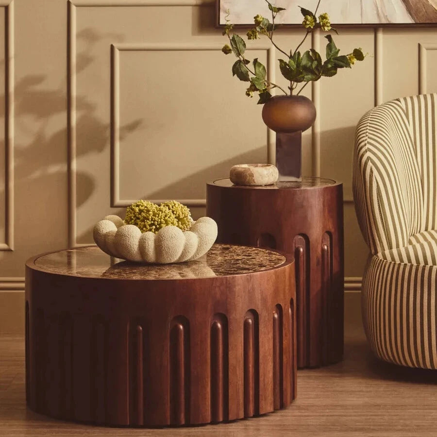 Round Brown Marble and Dark Mango Wood Carved Coffee Table