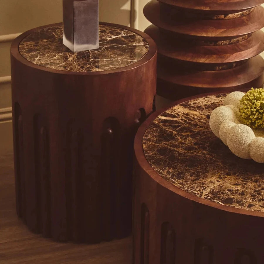 Round Brown Marble and Dark Mango Wood Carved Side Table
