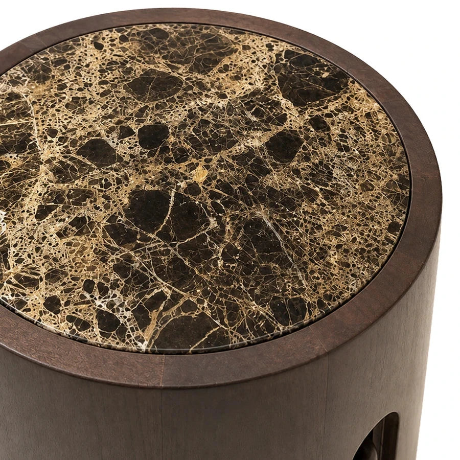 Round Brown Marble and Dark Mango Wood Carved Side Table