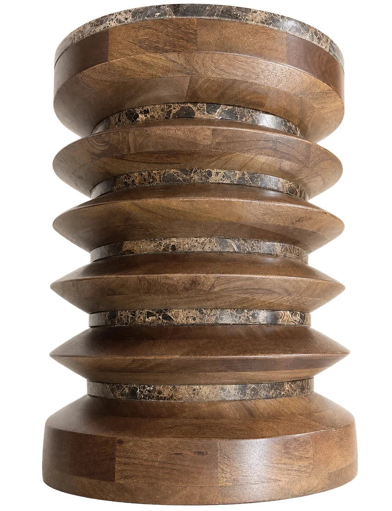 Round Brown Marble and Mango Wood Carved Side Table