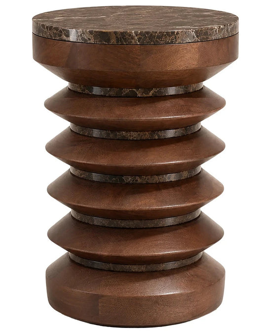 Round Brown Marble and Mango Wood Carved Side Table