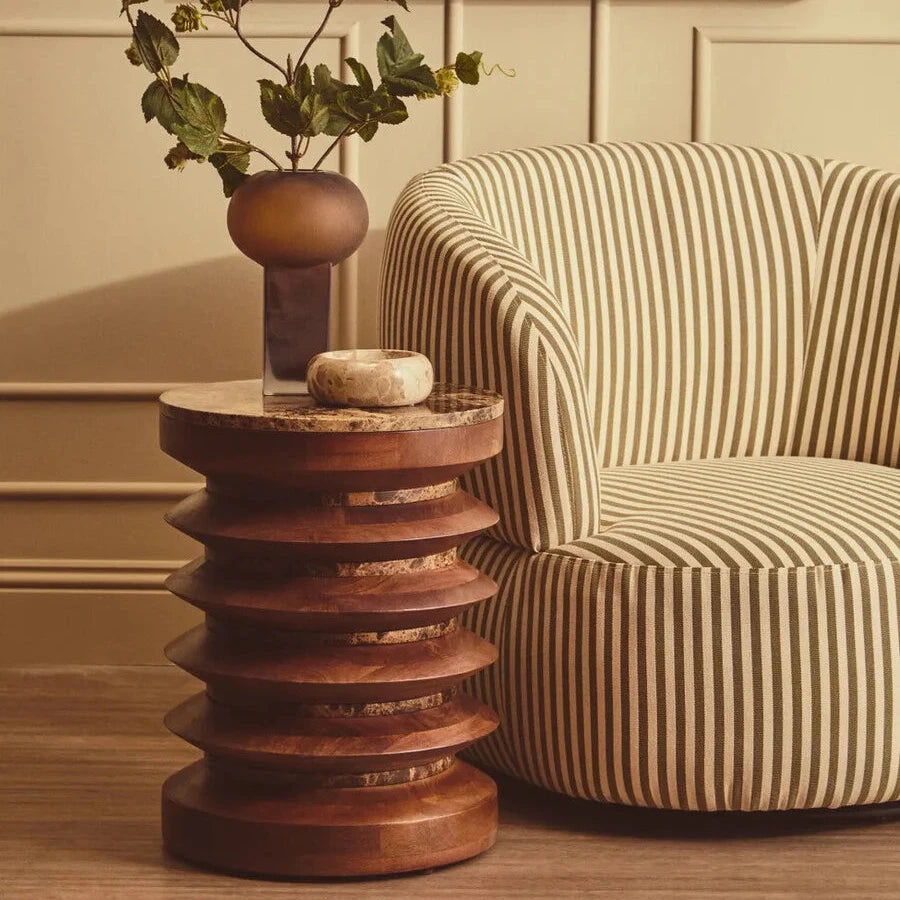 Round Brown Marble and Mango Wood Carved Side Table