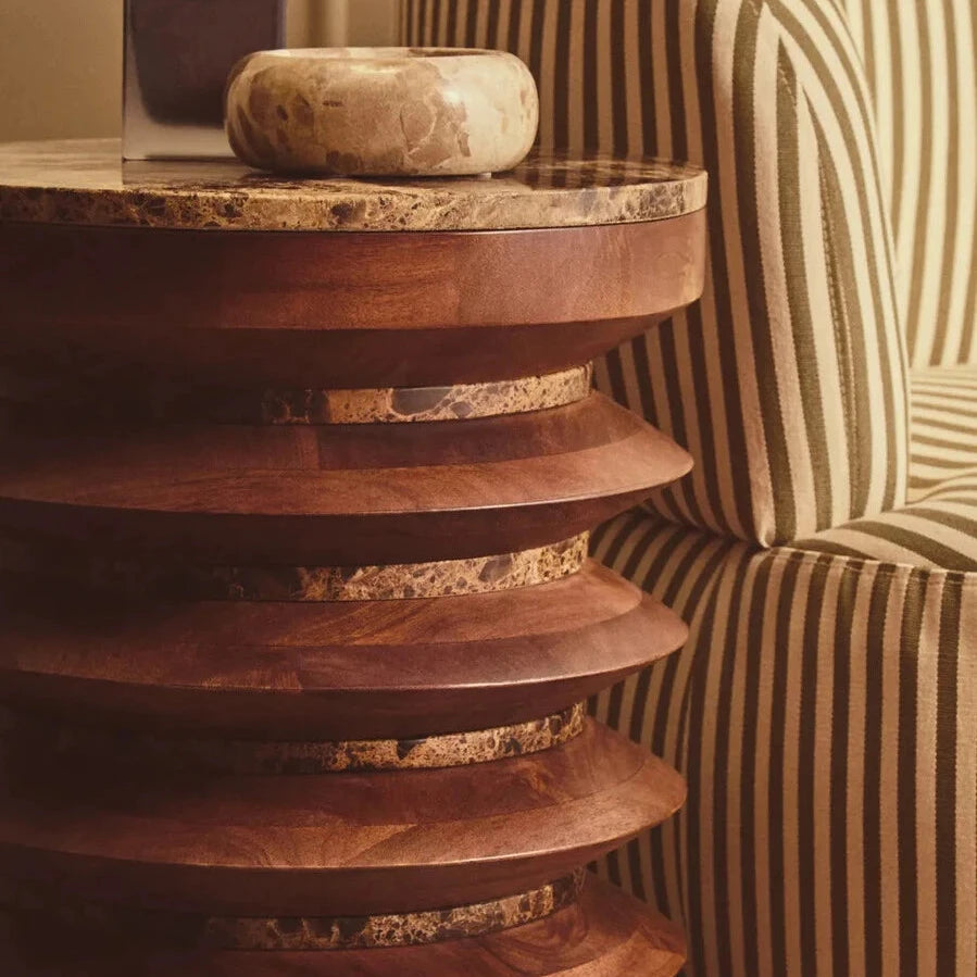 Round Brown Marble and Mango Wood Carved Side Table