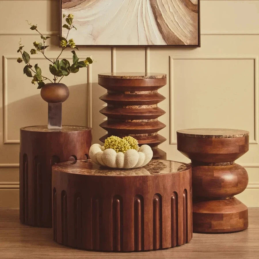 Round Brown Marble and Mango Wood Carved Side Table