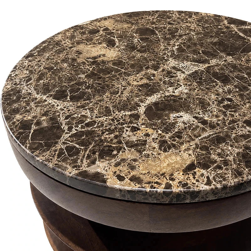 Round Brown Marble and Mango Wood Carved Side Table