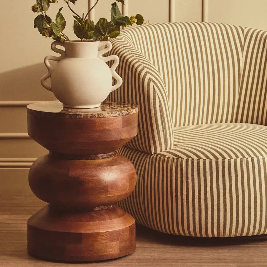 Round Brown Marble and Mango Wood Carved Tiered Side Table