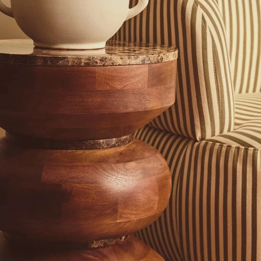 Round Brown Marble and Mango Wood Carved Tiered Side Table
