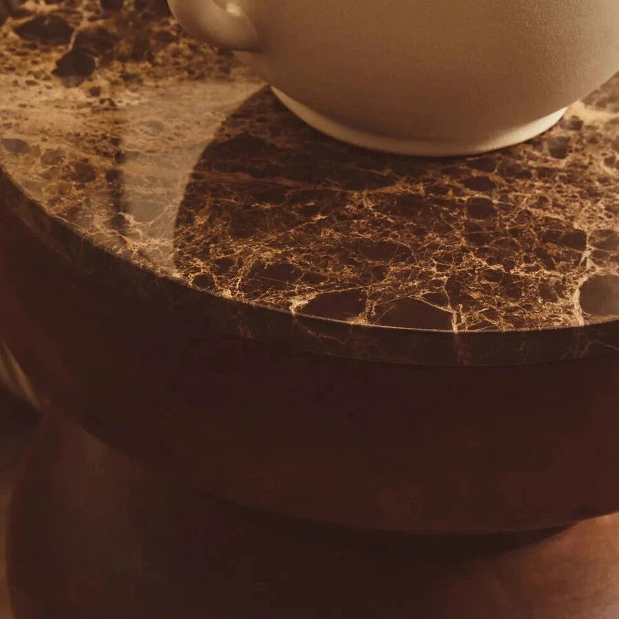 Round Brown Marble and Mango Wood Carved Tiered Side Table