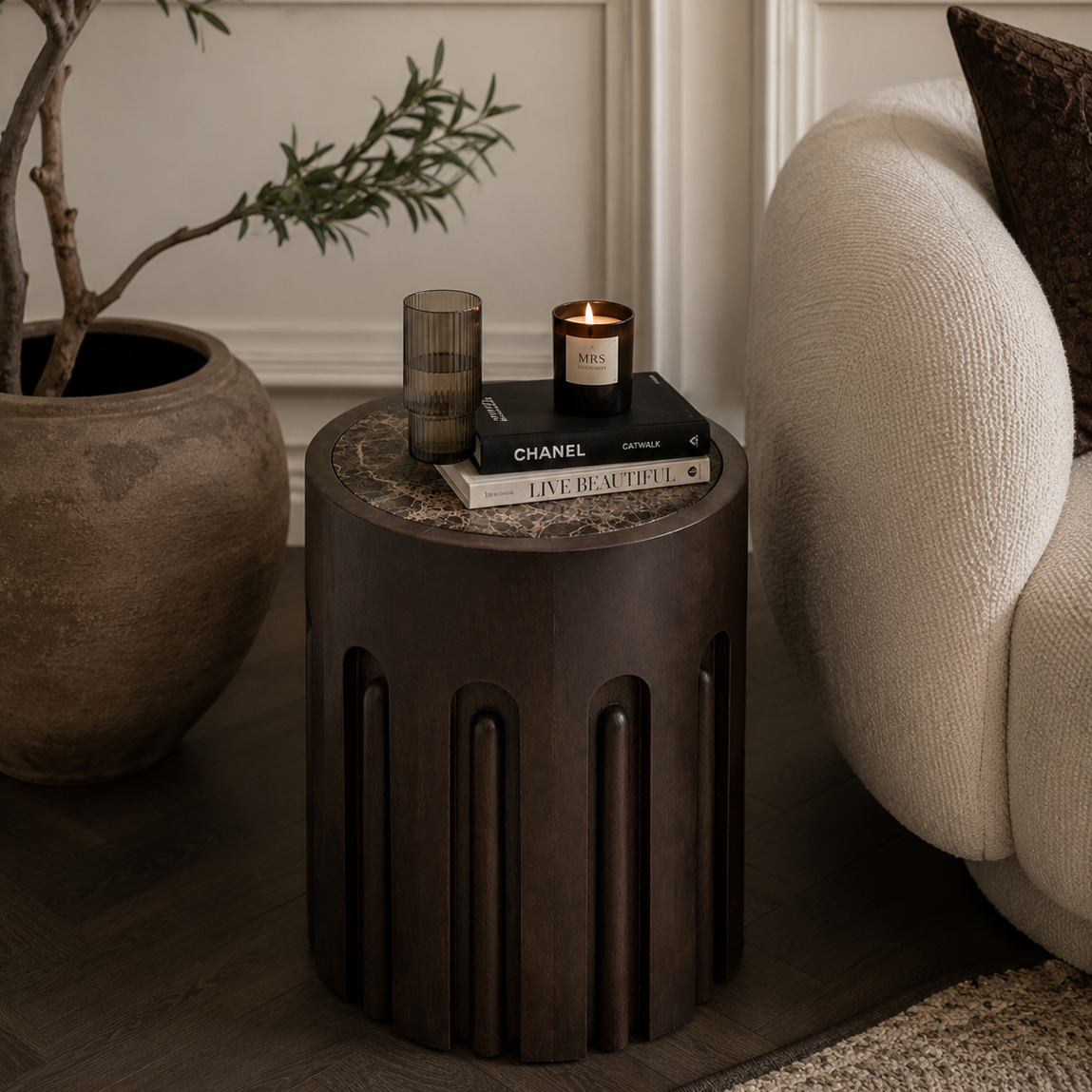 Round Brown Marble and Dark Mango Wood Carved Side Table