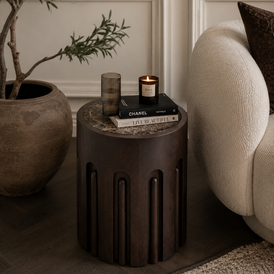 Round Brown Marble and Dark Mango Wood Carved Side Table