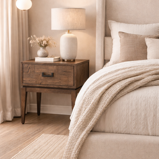 One Drawer Antique Grey Wood Side Table With Black Handle