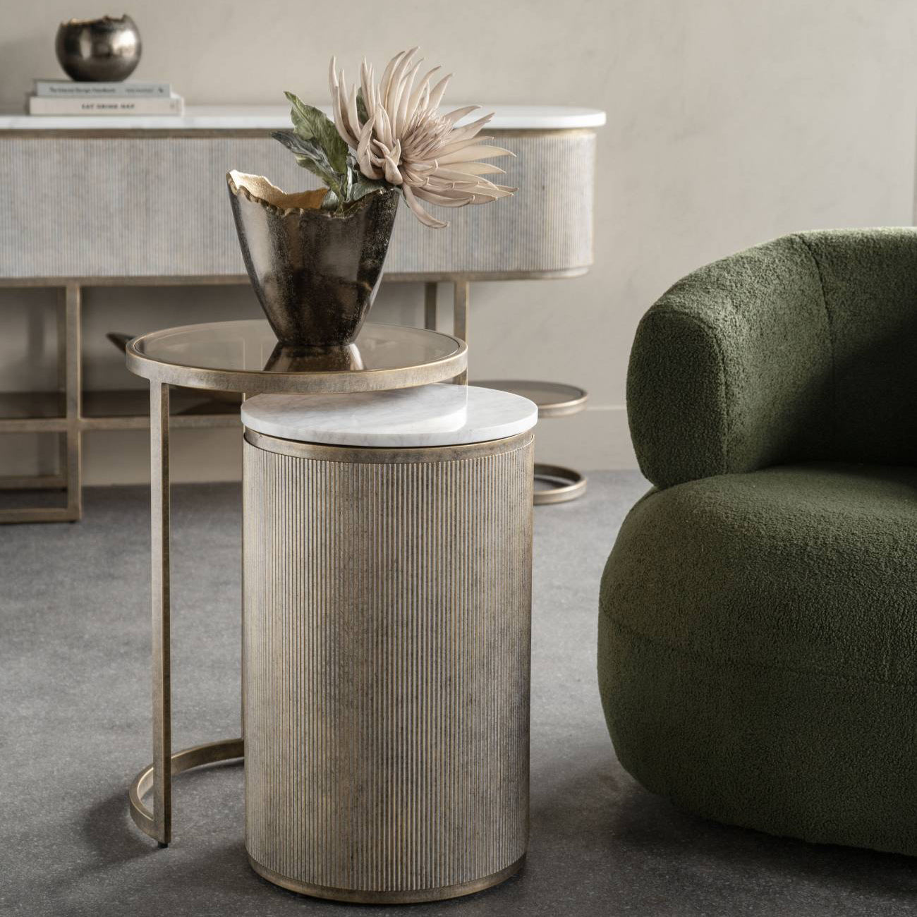 Aged Gold Set of 2 Corrugated Nesting Side Tables