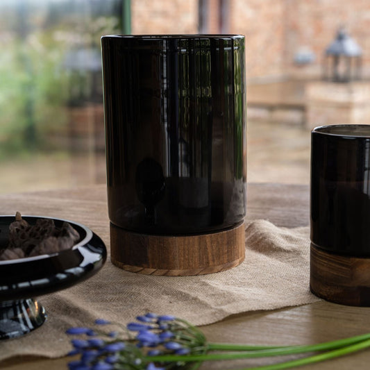 Noir Black Glass Hurricane Candle Holder / Vase With Wooden Base | Large