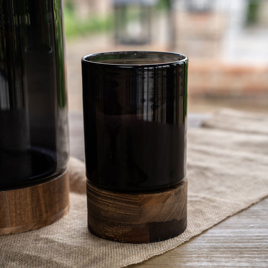 Noir Black Glass Hurricane Candle Holder / Vase With Wooden Base | Small