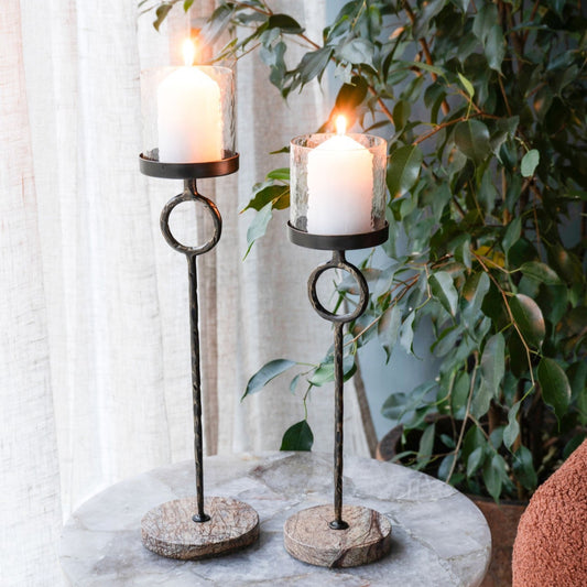 Antique Gold Table Hurricane Candle Holder With Marble Base | Small