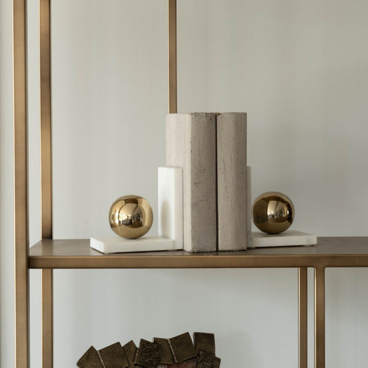 White & Gold Brass Marble Bookends