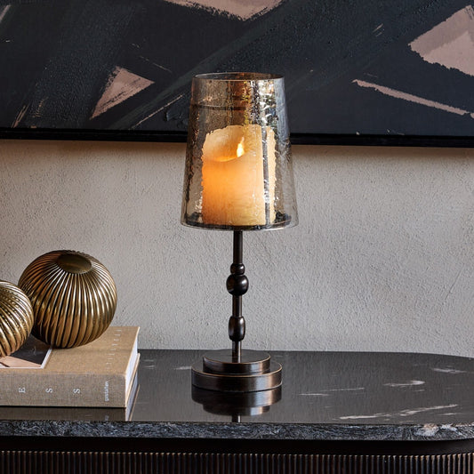 Bronze & Hammered Glass Table Candle Holder/Hurricane