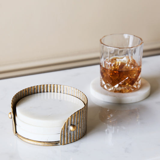 White Marble Coasters With Aged Gold Holder Set Of 4