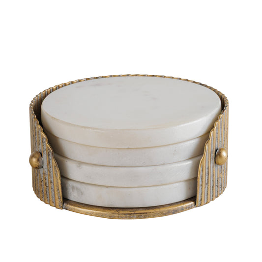 White Marble Coasters With Aged Gold Holder Set Of 4
