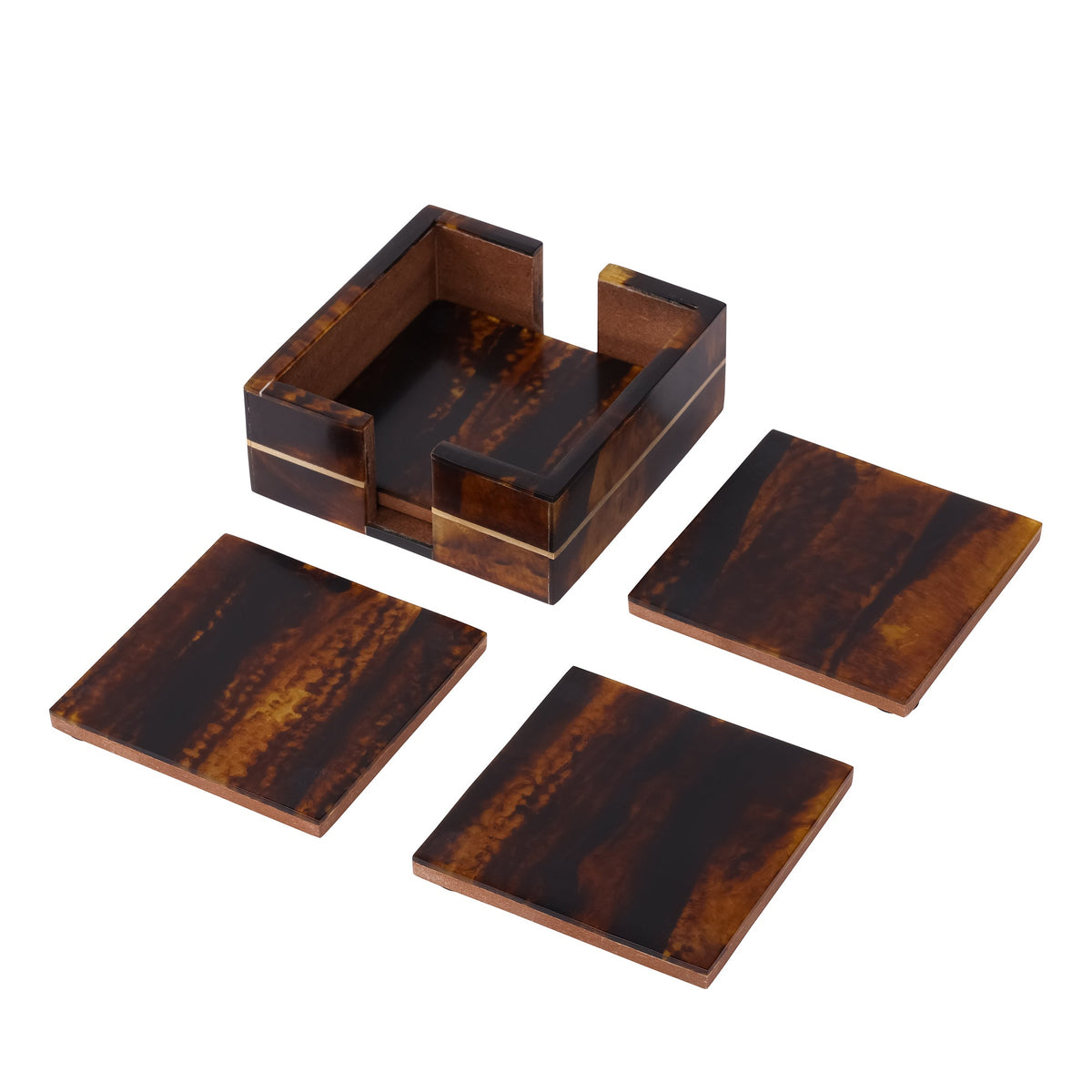 Luxury Brown Resin Set of 4 Coasters With Holder