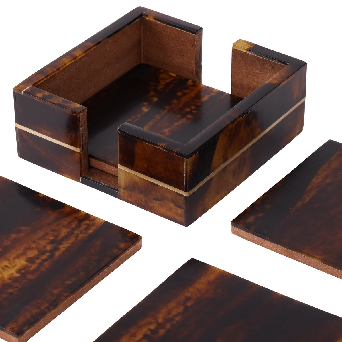 Luxury Brown Resin Set of 4 Coasters With Holder