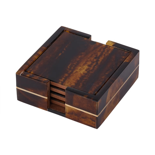 Luxury Brown Resin Set of 4 Coasters With Holder