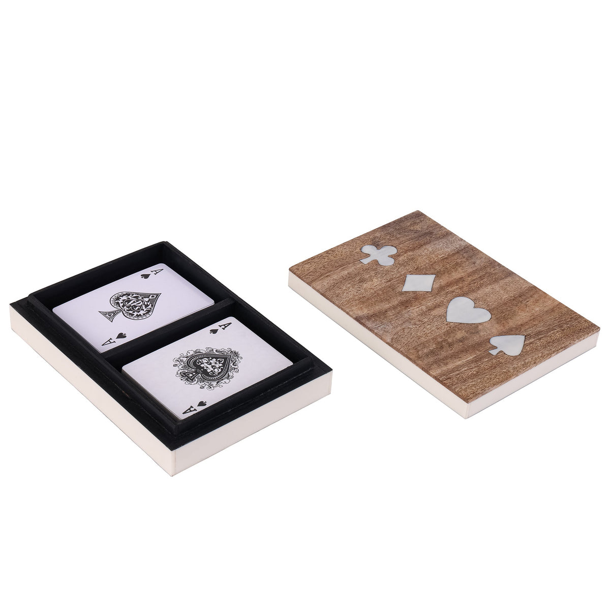 Wooden & White Decorative Card Box With 2 Packs Of Cards