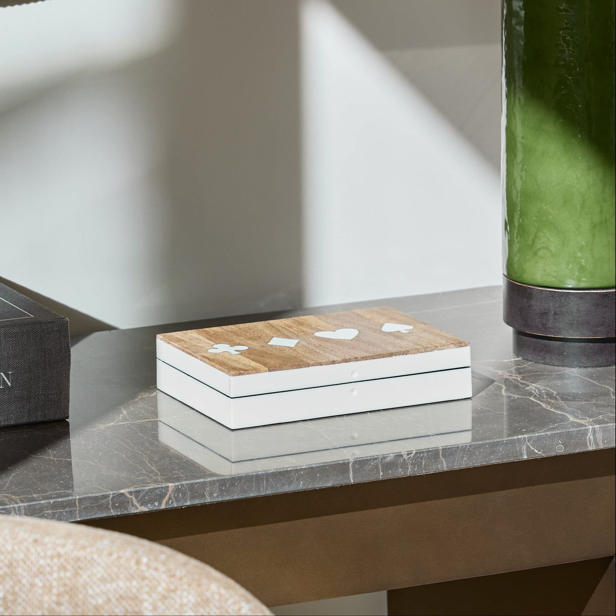 Wooden & White Decorative Card Box With 2 Packs Of Cards