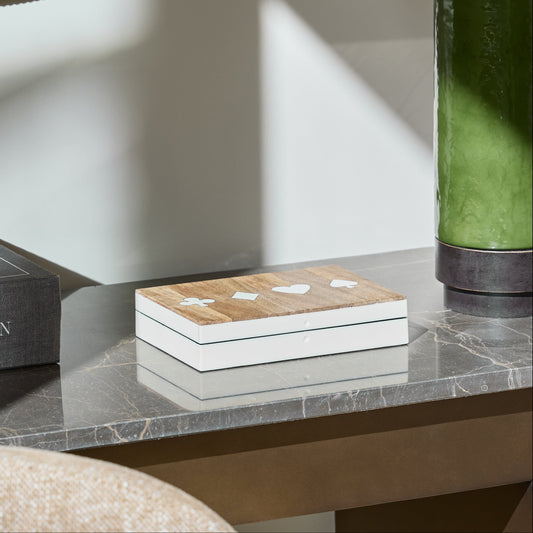 Wooden & White Decorative Card Box With 2 Packs Of Cards
