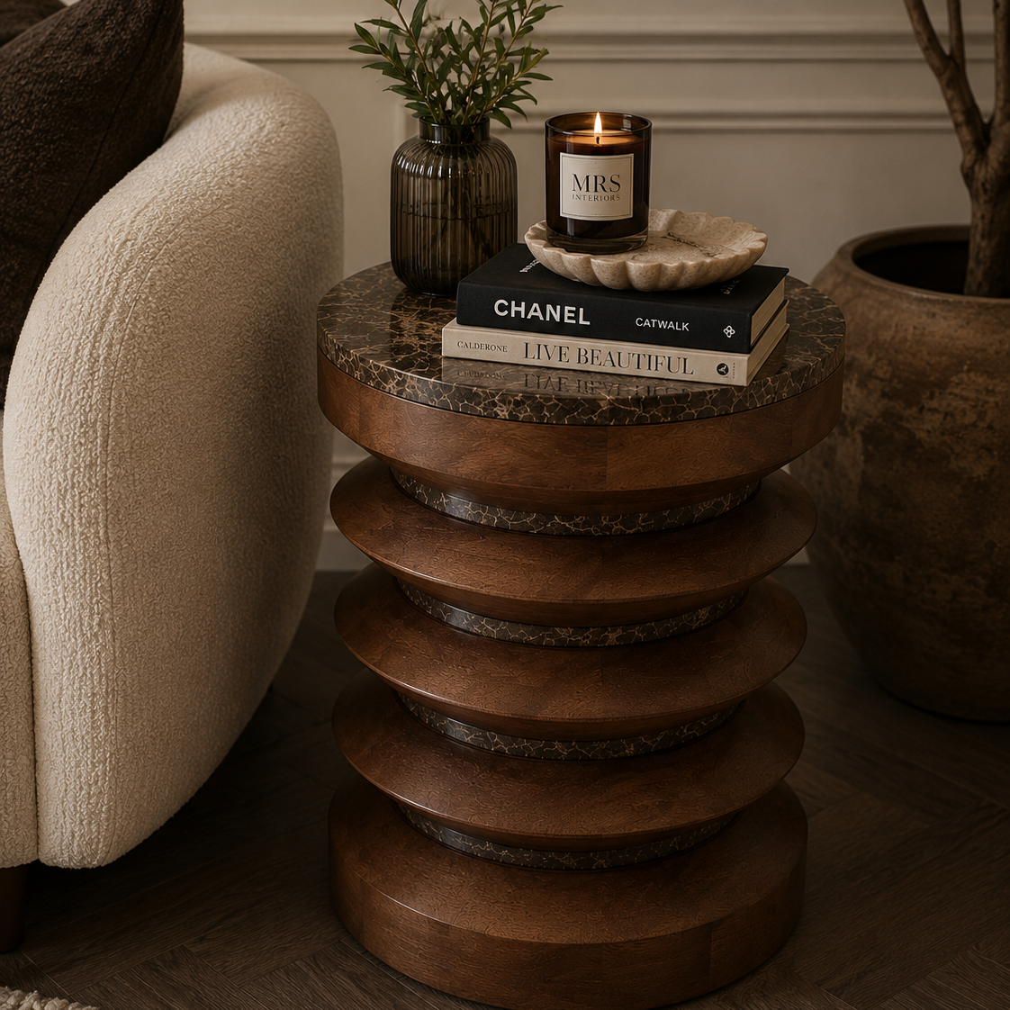 Round Brown Marble and Mango Wood Carved Side Table