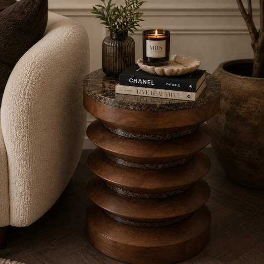 Round Brown Marble and Mango Wood Carved Side Table