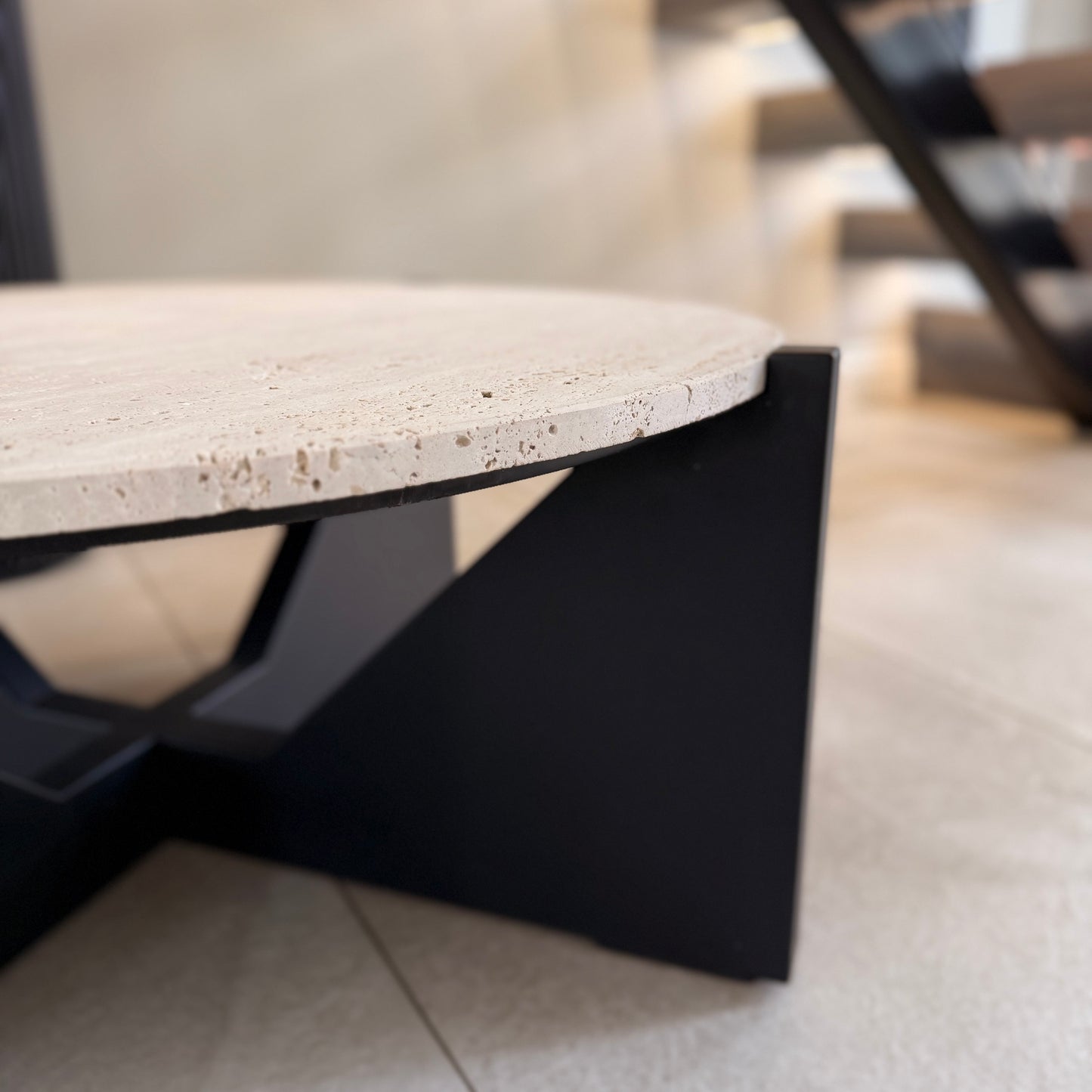 Black Acacia Wood Coffee Table With Travertine Top