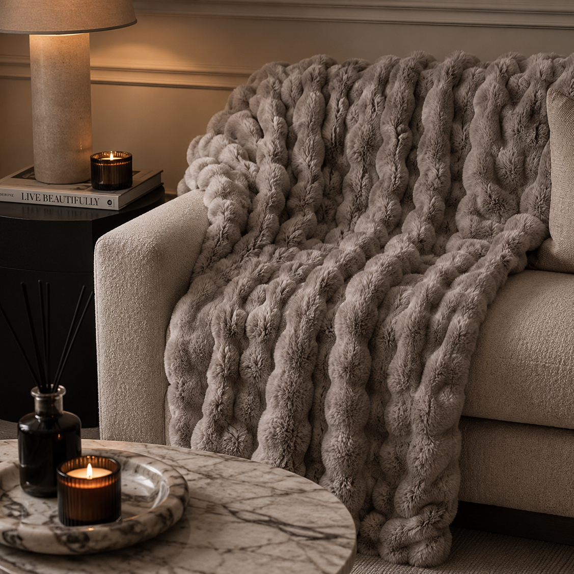 Luxury Taupe Fur Throw Blanket
